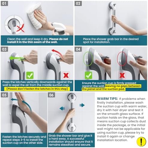 TAILI Shower Suction Cup Grab Bar Bathtubs Handrails For Seniors Elderly No Drilling Waterproof Grey 2 Pack 16 Inch