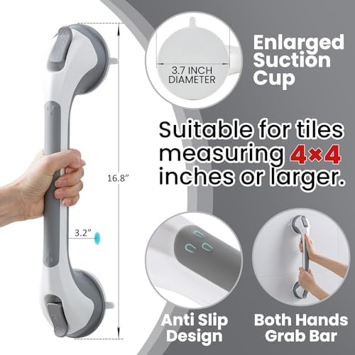 TAILI Shower Suction Cup Grab Bar Bathtubs Handrails For Seniors Elderly No Drilling Waterproof Grey 2 Pack 16 Inch