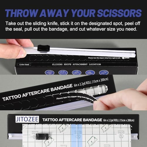 Tattoo Aftercare Bandage (6'' X 2.2yd With Sliding Knife) - Second Skin Tattoo Cover Up Tape - Adhesive Tattoo Wraps Bandages - Tattoo Healing Wrap - Tattoo Protection Breathable Waterproof
