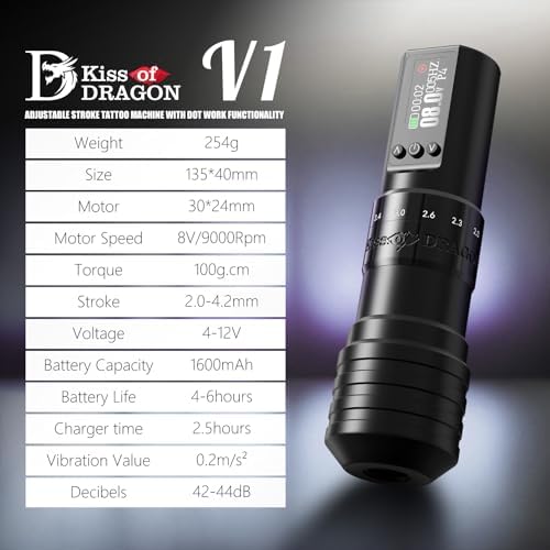 Tattoo Gun Kit Complete Wireless Tattoo Machine Kit Kiss Of Dragon V1 Rotary Adjustable Stroke Tattoo Pen With 1600 MAh Cordless Battery Tattoo Cartridge Needles Set For Beginners