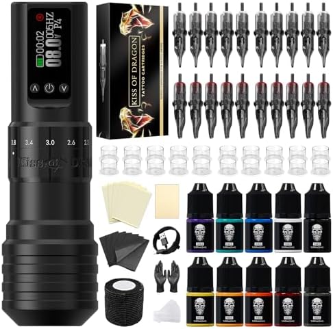 Tattoo Gun Kit Complete Wireless Tattoo Machine Kit Kiss of Dragon V1 Rotary Adjustable Stroke Tattoo Pen with 1600 mAh Cordless Battery Tattoo Cartridge Needles Set for Beginners