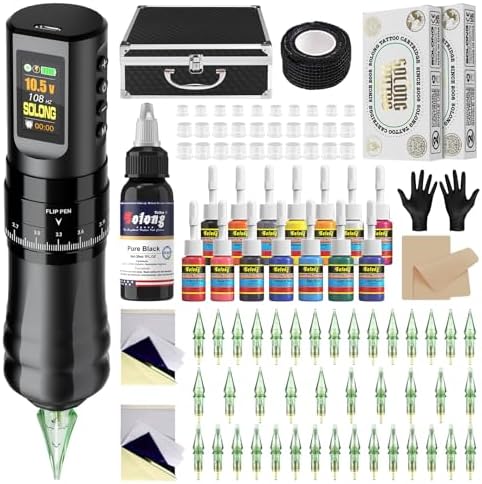 Tattoo Kits Solong Wireless Tattoo Machine Kit 1800mAh Battery LED Display 40PCS Cartridges 15 Tattoo Inks Adjustable Stroke 2.4-4.2mm SLE96EN01S-1