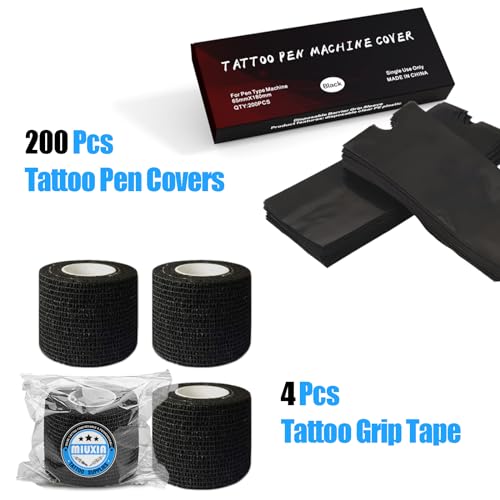 Tattoo Pen Machine Cover Grip Tape Wrap - MIUXIA 200Pcs Tattoo Pen Covers Black And 4Pcs Tattoo Grip Wrap Combination Grip Tattoo Machine Covers Tattoo Tape Wrap Tattoo Supplies…