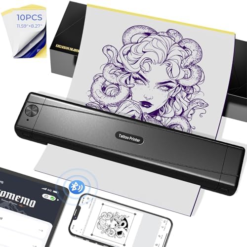 Tattoo Stencil Printer with 10pcs Transfer Paper Wireless Thermal Tattoo Transfer Printer Bluetooth Portable Tattoo Kit Machine for Beginners & Artists Compatible with Smartphone & Pad