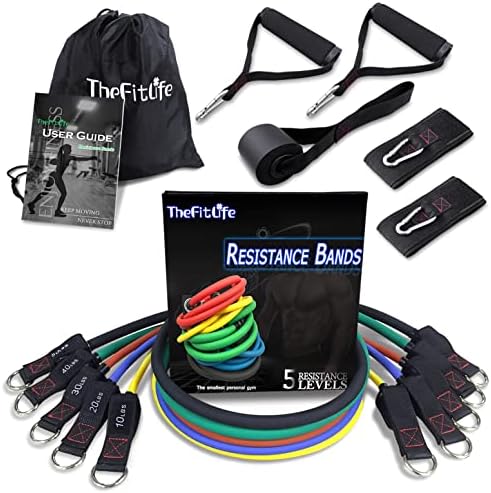 TheFitLife Exercise and Resistance Bands Set - 5 Fitness stackable up to 110/150/200/250/300 lbs Workout Tubes for Indoor and Outdoor Sports Fitness Suspension Speed Strength Baseball Softball Training Home Gym Yoga