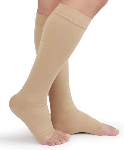 TOFLY® Compression Stockings (Pair) Firm Support 20-30mmHg Opaque Unisex Open Toe Knee High Compression Socks For Varicose Veins Edema Shin Splints Nursing Travel Beige L