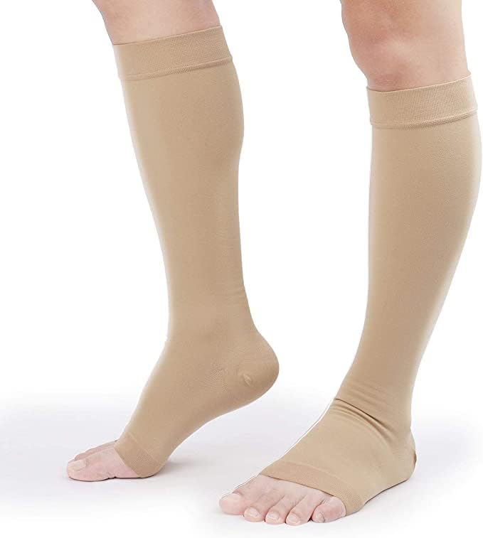 TOFLY® Compression Stockings (Pair) Firm Support 20-30mmHg Opaque Unisex Open Toe Knee High Compression Socks For Varicose Veins Edema Shin Splints Nursing Travel Beige L