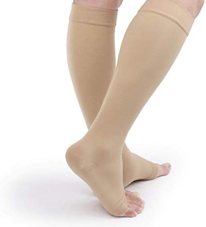 TOFLY® Compression Stockings (Pair) Firm Support 20-30mmHg Opaque Unisex Open Toe Knee High Compression Socks For Varicose Veins Edema Shin Splints Nursing Travel Beige L