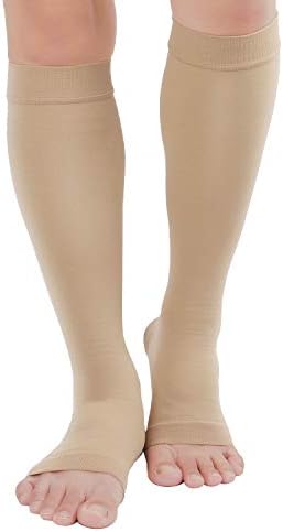 TOFLY® Compression Stockings (Pair) Firm Support 20-30mmHg Opaque Unisex Open Toe Knee High Compression Socks for Varicose Veins Edema Shin Splints Nursing Travel Beige L
