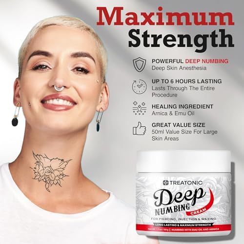 Treatonic Deep Numbing Cream For Piercing Injections & Waxing 6 Hours Maximum Strength Painless Numbing Cream For Injections Fast Tattoo Numbing Cream With Emu Oil And Arnica 50g/1.7floz White