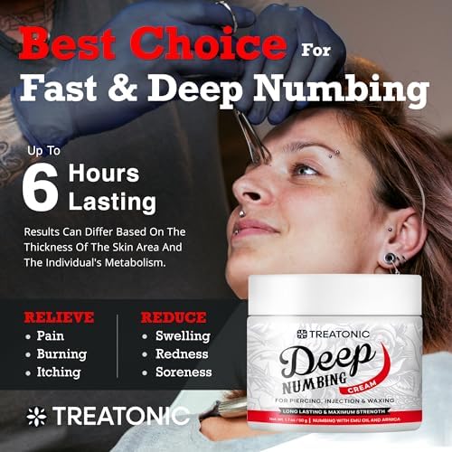 Treatonic Deep Numbing Cream For Piercing Injections & Waxing 6 Hours Maximum Strength Painless Numbing Cream For Injections Fast Tattoo Numbing Cream With Emu Oil And Arnica 50g/1.7floz White