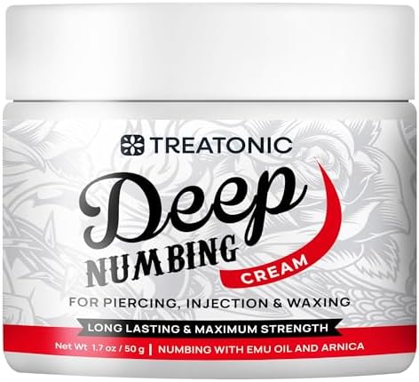 Treatonic Deep Numbing Cream for Piercing Injections & Waxing 6 Hours Maximum Strength Painless Numbing Cream for Injections Fast Tattoo Numbing Cream with Emu Oil and Arnica 50g/1.7floz White