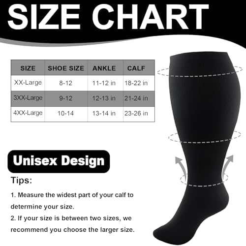 TRIITECH 3 Pair Plus Size Compression Socks For Women And Men 20-30mmHg Wide Calf Knee High Compression Stockings For Circulation