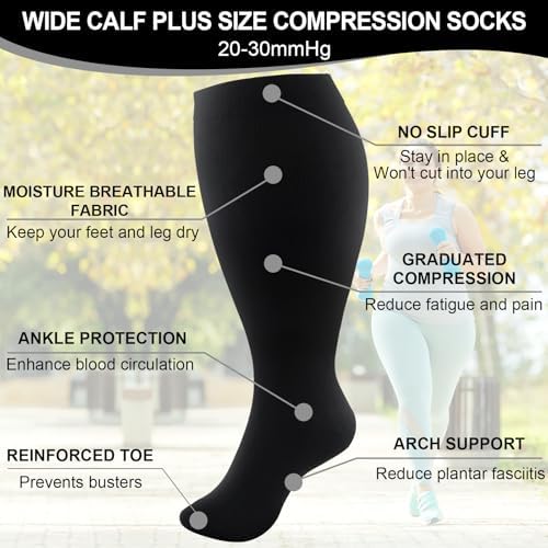 TRIITECH 3 Pair Plus Size Compression Socks For Women And Men 20-30mmHg Wide Calf Knee High Compression Stockings For Circulation