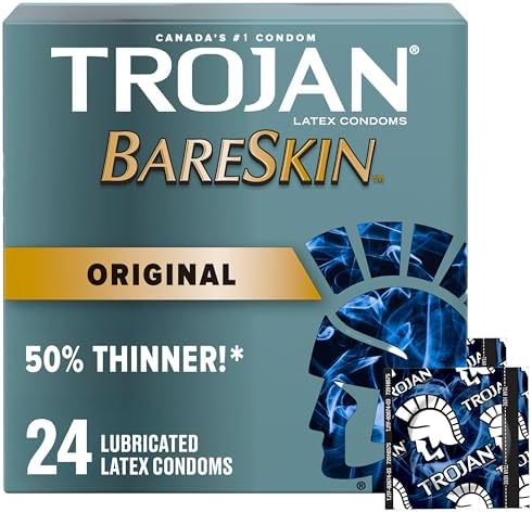 TROJAN BareSkin Condoms 50% Thinner for Natural Skin-to-Skin Feel Premium Lubricated Latex Condoms for Enhanced Sensitivity Intimacy & Trusted Protection 24 Count (Pack of 1)
