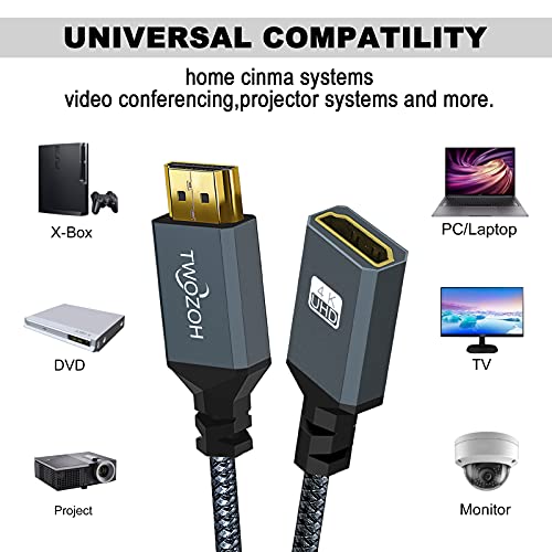 Twozoh HDMI Extension Cable HDMI Male To Female HDMI Cord Nylon Braided HDMI Extender HDMI 2.0 Cable Adapter Support 4K 60Hz 3D HDR (0.5M)