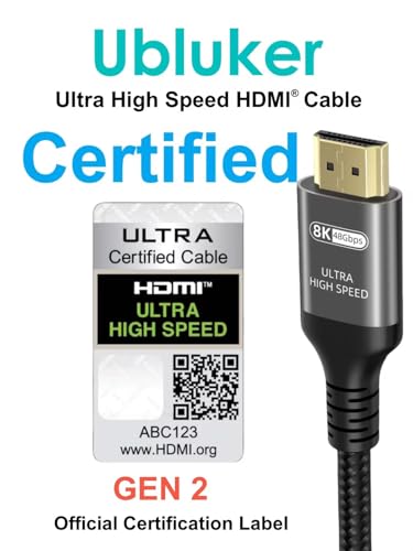 Ubluker 10K 8K 4K HDMI Cable 48Gbps 6.6 FT Certified Ultra High Speed HDMI® Cable 4K 240Hz 144Hz 120Hz 8K60Hz 0.01ms HDR10+ EARC HDCP2.3 Netflix Roku TV PC Monitor Projector PS5 Xbox