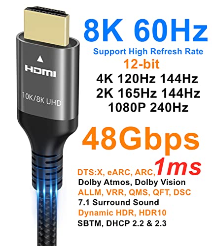Ubluker 10K 8K 4K HDMI Cable 48Gbps 6.6 FT Certified Ultra High Speed HDMI® Cable 4K 240Hz 144Hz 120Hz 8K60Hz 0.01ms HDR10+ EARC HDCP2.3 Netflix Roku TV PC Monitor Projector PS5 Xbox