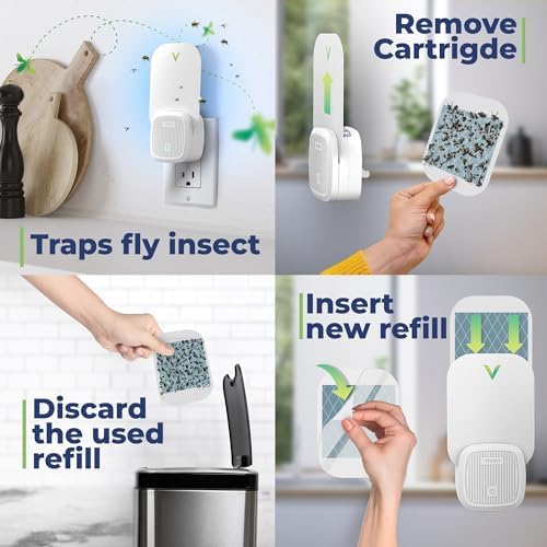 VEYOFLY Gnat Attracts For House Fly Attract Fruit Fly Attract Fly Catcher Plug In Catch For Fruit Flies Moths Gnats Attract (4 Devices + 12 Refills)