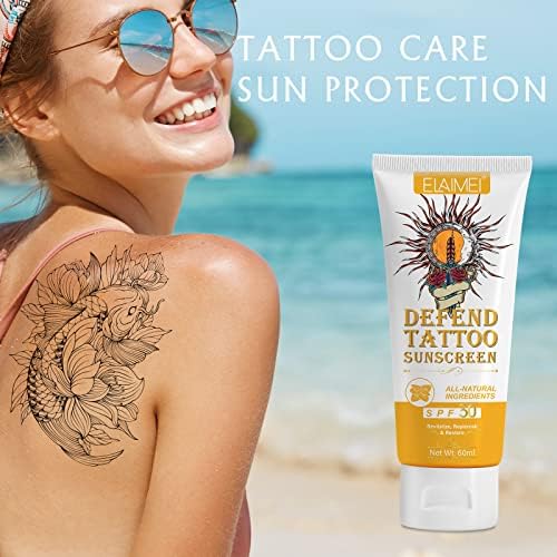 VRAIKO ELAMEI Tattoo Sunscreen SPF 30+ 70% Natural Ingredients Tattoo Fade Protection Moisturizer With Aloe Argan Oil Rose Hips Oil Cocoa Butter Non-Greasy Formula 2oz