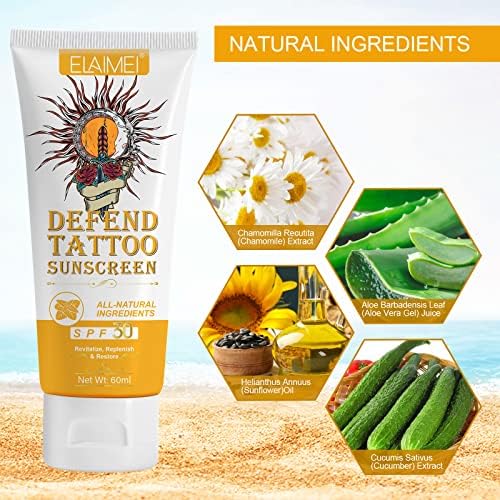 VRAIKO ELAMEI Tattoo Sunscreen SPF 30+ 70% Natural Ingredients Tattoo Fade Protection Moisturizer With Aloe Argan Oil Rose Hips Oil Cocoa Butter Non-Greasy Formula 2oz