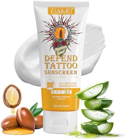 VRAIKO ELAMEI Tattoo Sunscreen SPF 30+ 70% Natural Ingredients Tattoo Fade Protection Moisturizer with Aloe Argan Oil Rose Hips Oil Cocoa Butter Non-Greasy Formula 2oz