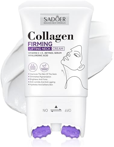 VRAIKO SADOER Gua Sha Neck Cream Firming Cream for Neck & Jawline Lifting with Double Massage Rollers Décolleté Moisturizer for Fine Lines Elasticity and Hydration 3.8 oz