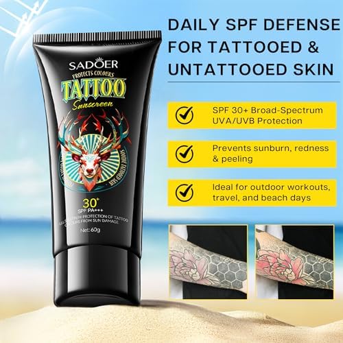 VRAIKO SADOER Tattoo Sunscreen SPF 30+ Fade Protection & Anti-Aging Formula With Avocado Oil Jojoba Oil Hyaluronic Acid And Aloe Moisturizer For Vibrant Tattoos 60mL