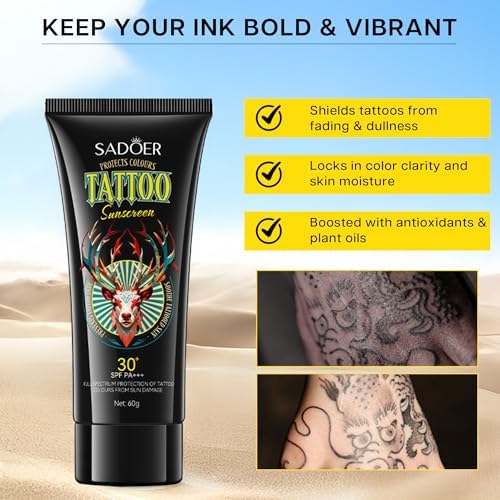 VRAIKO SADOER Tattoo Sunscreen SPF 30+ Fade Protection & Anti-Aging Formula With Avocado Oil Jojoba Oil Hyaluronic Acid And Aloe Moisturizer For Vibrant Tattoos 60mL