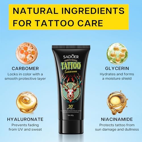 VRAIKO SADOER Tattoo Sunscreen SPF 30+ Fade Protection & Anti-Aging Formula With Avocado Oil Jojoba Oil Hyaluronic Acid And Aloe Moisturizer For Vibrant Tattoos 60mL