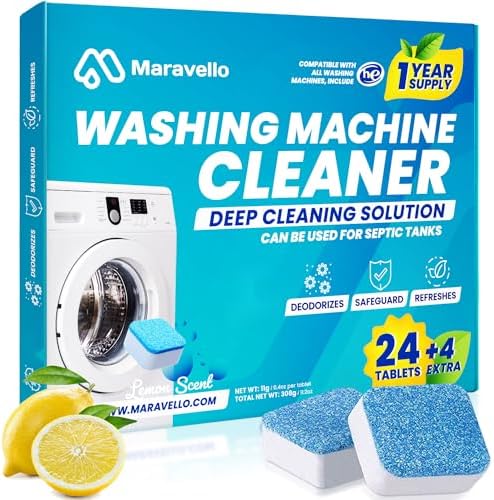 Washing Machine Cleaner Descaler Tablets: Maravello Highly Efficient Laundry Deodorizer - Washer Cleaning Tablets For HE Front Loader And Top Load 14-Month Supply (28 Count Lemon)