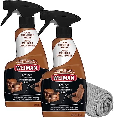 Weiman 3-in-1 Leather Cleaner Conditioner & UVX Protector for Cars Furniture Auto Interior Shoes Purses & Handbags - 2 Pack with Microfiber Towel Included