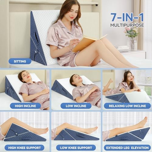 Welzona Wedge Pillow For Adults Bed Wedge Pillow With Cooling Memory Foam Top 7 In 1 Triangle Pillow For Sleeping Acid Reflux Post Surgery Chic Jacquard Navy & White (Adjustable 9" & 12" Height)