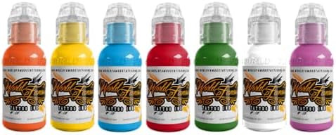 World Famous Tattoo Ink - 7 Color Simple Tattoo Kit - Professional Tattoo Ink in Color Assortment Includes White Tattoo Ink - Skin-Safe Permanent Tattooing & Non-Toxic (0.5 oz Each)