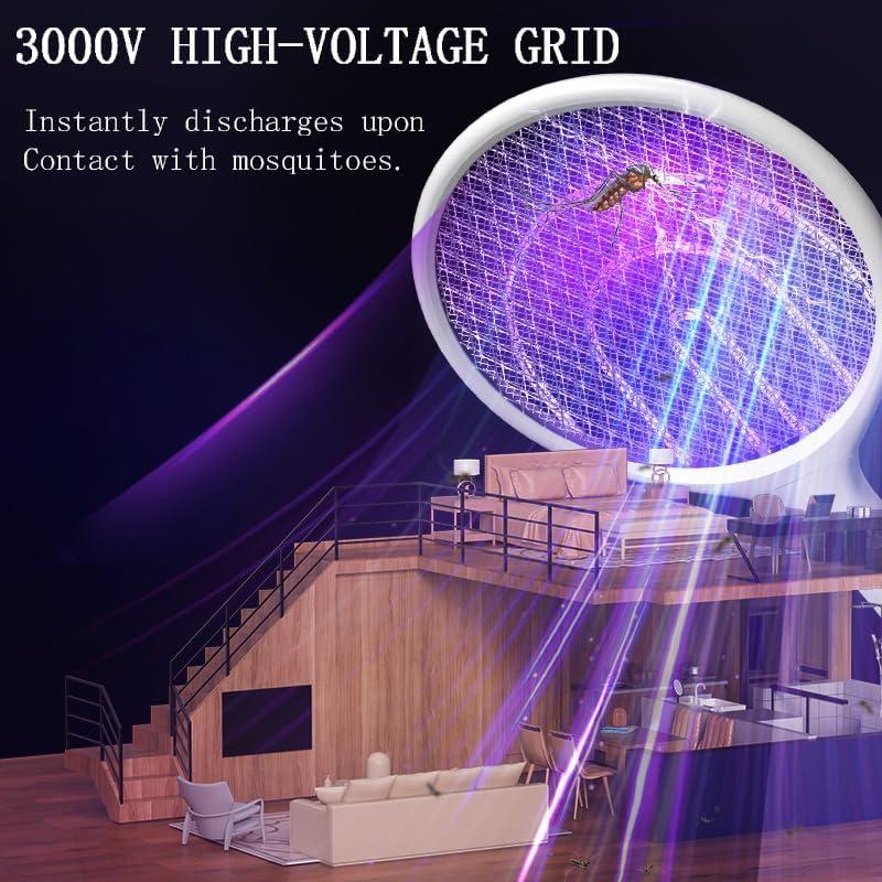 Yuekidou Electric Bug Zapper Racket Fly Swatter 3000V Mosquito Eliminator With 3-Layer Safety Mesh & LED Light USB-C Fast Charging Dual-Mode For Indoor/Outdoor Safety Certified