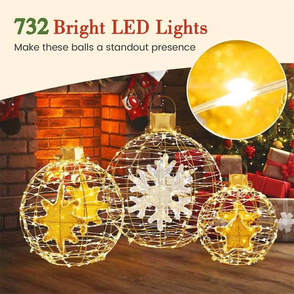 Costway 1.75 Ft. 732-Count Bright LED Lights Gold Christmas Lantern Balls Ornaments Yard Decoration