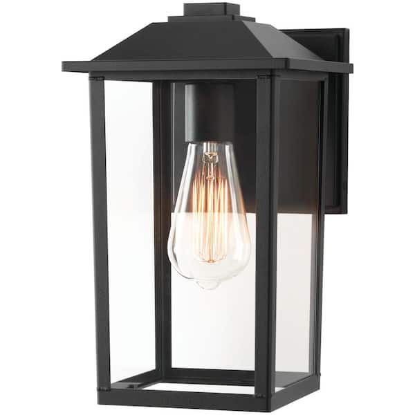 PRIVATE BRAND UNBRANDED 1-Light 12 in. Black Hardwired Transitional Outdoor Wall Light Lantern Porch Sconce with Clear Glass