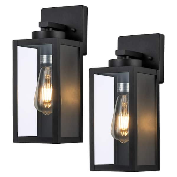 C Cattleya 1-Light Matte Black Hardwired Outdoor Wall Lantern Sconce with Clear Tempered Glass (2-Pack)