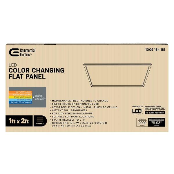 Commercial Electric 1-Pack 1 Ft. X 2 Ft. 2000 Lumens Dimmable Integrated LED Flat Panel Ceiling Flush Mount Fixture With Selectable 5CCT