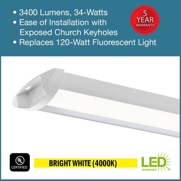 Commercial Electric 1-Pack 44 In. 3400 Lumens Easy Install LED Wraparound Light Fixture 120V Bright White 4000K Garage Lighting Closet Light