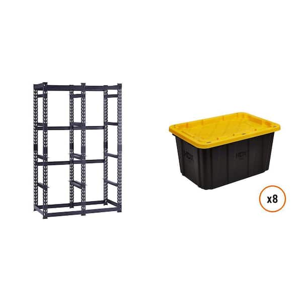 10-Tote Metal Storage Rack (50 in. W x 78 in. H x 24 in. D) and 27 Gal. Black/Yellow Tough Storage Tote (8-Count) Combo 10-Tote Metal Storage Rack (50 in. W x 78 in. H x 24 in. D) and 27 Gal. Black/Yellow Tough Storage Tote (8-Count) Combo