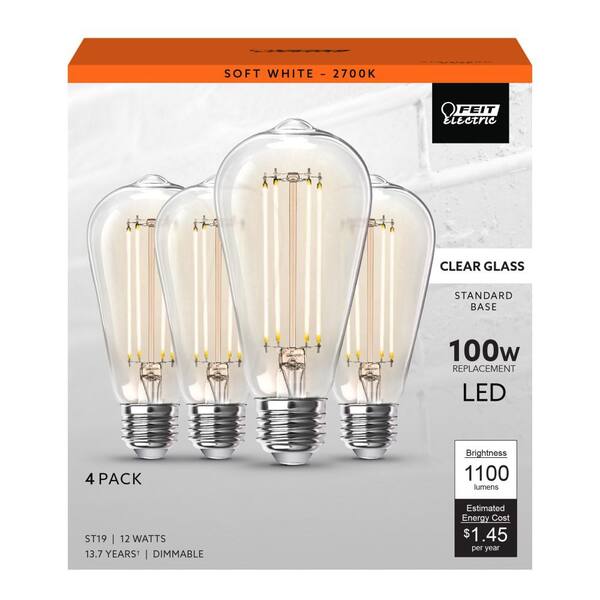 Feit Electric 100-Watt Equivalent ST19 Dimmable Straight Filament Clear Glass E26 Vintage Edison LED Light Bulb Soft White (4-Pack)