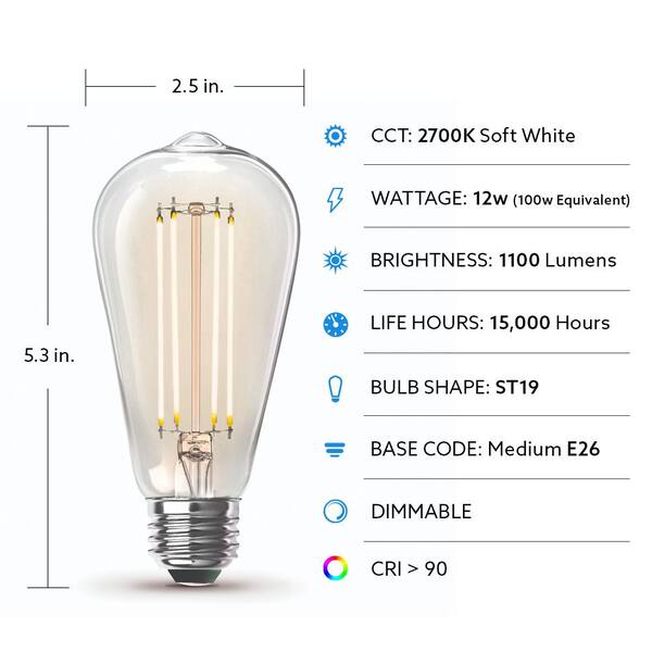 Feit Electric 100-Watt Equivalent ST19 Dimmable Straight Filament Clear Glass E26 Vintage Edison LED Light Bulb Soft White (4-Pack)