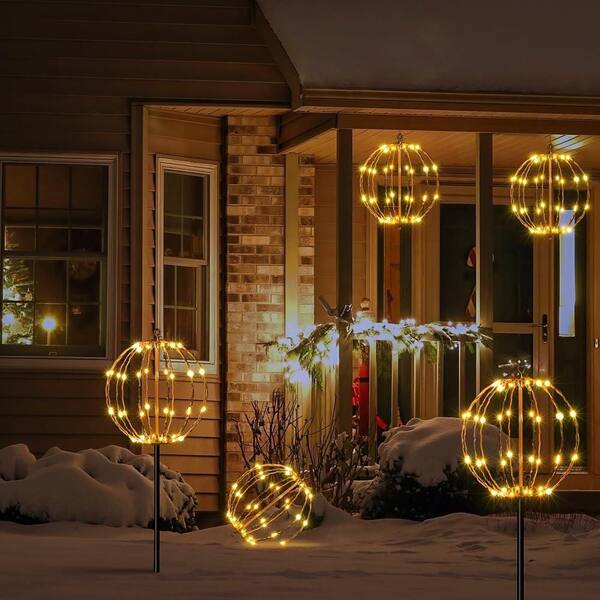 Lightshare 10IN 48LED Light Ball Pathway Lights Brown Sphere Light Fold Flat Metal Frame Indoor Outdoor Waterpro