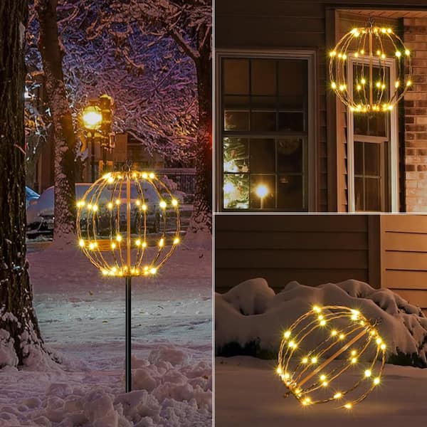 Lightshare 10IN 48LED Light Ball Pathway Lights Brown Sphere Light Fold Flat Metal Frame Indoor Outdoor Waterpro