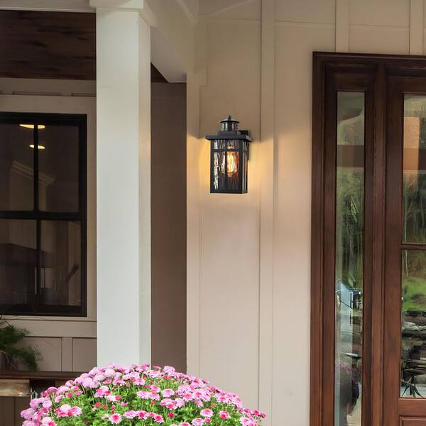 C Cattleya 11.75 In. Matte Black Motion Sensing Dusk To Dawn Outdoor Hardwired Wall Lantern Sconces With Water Glass(2-Pack)