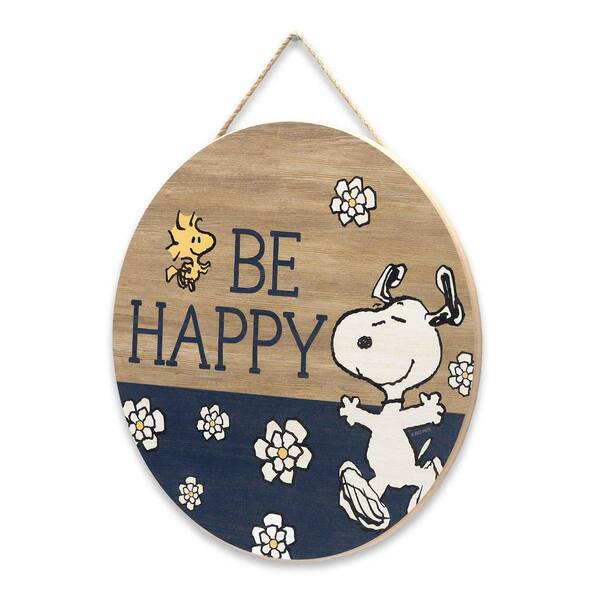 Peanuts 11 In. Tan Snoopy And Woodstock Be Happy Floral Round Colorblocked Hanging Wood Wall Decor
