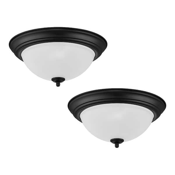 PRIVATE BRAND UNBRANDED 12.75 in. 2-Light Black Flush Mount Ceiling Light Fixture with Frosted Glass Shade (2-Pack)