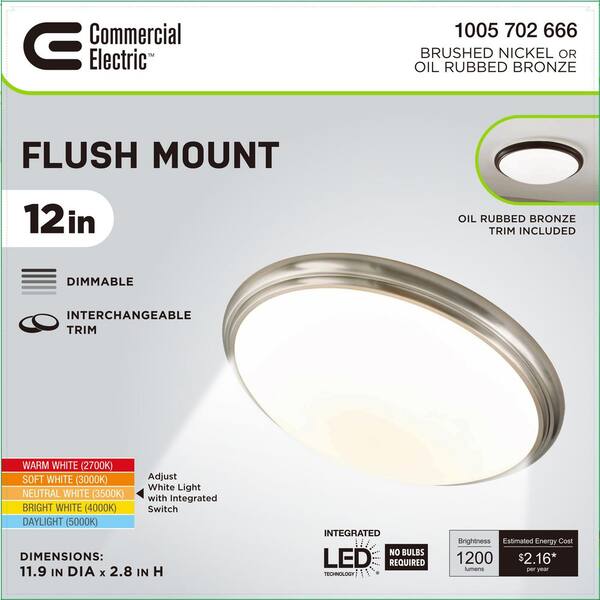Commercial Electric 12 In. Light Brushed Nickel And Oil-Rubbed Bronze Adjustable CCT Integrated LED Flush Mount With Interchangeable Trim
