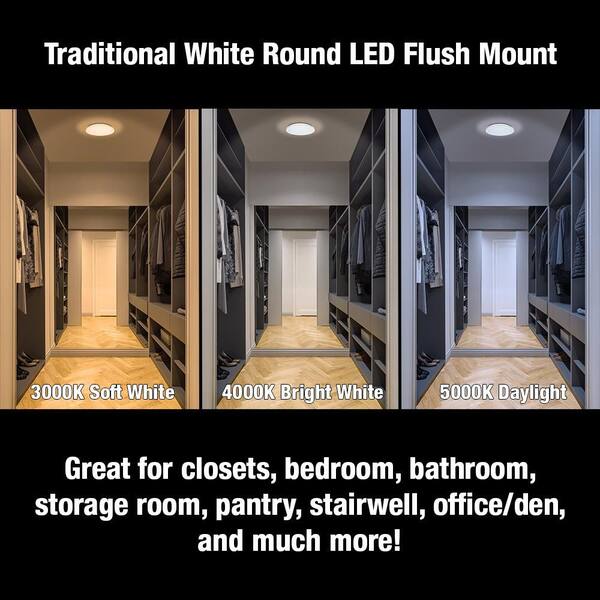 Commercial Electric 12 In. Low Profile LED Flush Mount Round Closet Light Fixture 1100 Lumens 3000K 4000K 5000K Dimmable Hallway Stairwell